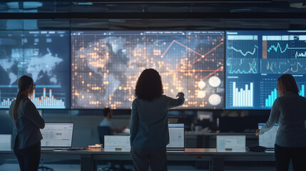 Team of Analysts Working in High-Tech Control Room with Digital Screens and Data Visualizations