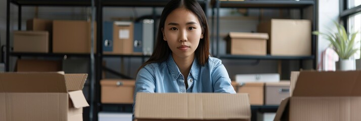 Close up of Asian businesswoman tendering her resignation packing her personal belongings excited to transition to a new job opportunity