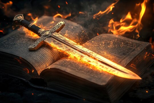 Sword of the spirit. Holy bible. For the word of God is living and active, sharper than any double-edged sword. Flaming sword of the spirit and the word of god concept art. With copy space, ai