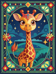 Fototapeta premium A Cute Cartoon Giraffe with Large Eyes Against a Night Sky in a Floral Frame