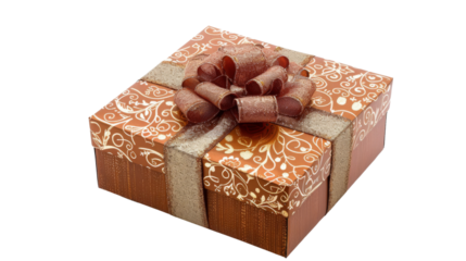 A brown gift box with a satin ribbon and bow, adorned with a floral pattern.  The box is isolated on a white background.