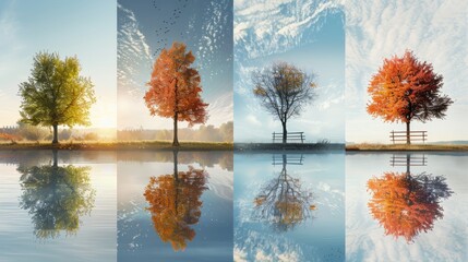 Surreal seasonal trees  four trees symbolizing different seasons with artistic reflections