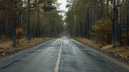 Fototapeta premium Asphalt cuts through the beautiful forest Generative AI