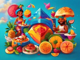 Design a vibrant summer food festival with diverse cuisines and happy people enjoying their meals.