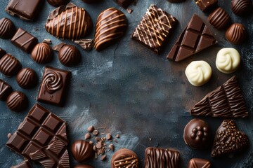 world chocolate day text with different types of chocolates, top view. a brown paper surface with various pieces of dark and milk chocolate bars scattered around it.