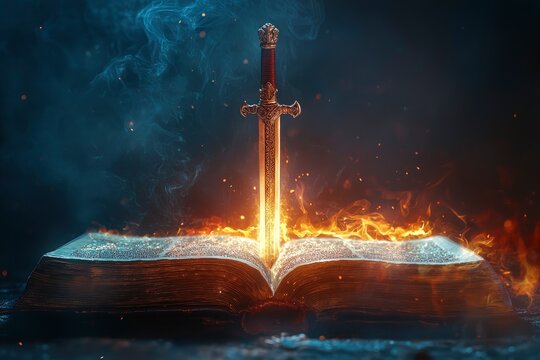 Sword of the spirit. Holy bible. For the word of God is living and active, sharper than any double-edged sword. Flaming sword of the spirit and the word of god concept art. With copy space, ai