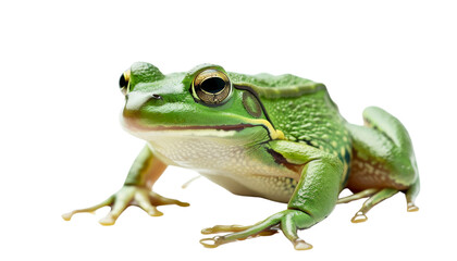 Fototapeta premium A close-up of a green frog with bright eyes, sitting on a white background.