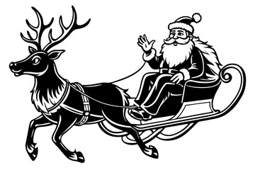 Santa Claus ride sleigh drawn flying reindeer Christmas illustration