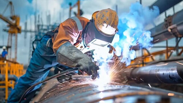 Professional welder working welding steel pipe, building construction site.