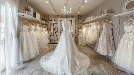 Exquisite lace bridal gown showcased amidst elegant dresses in a well lit wedding boutique