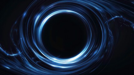 A swirling, abstract light pattern in shades of blue and white against a dark background, creating a circular opening in the center.