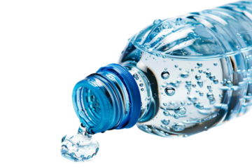 A close-up shot of a water bottle with a single drop of water falling from the opening.  The bottle is clear and shows the water inside.  The cap is blue.