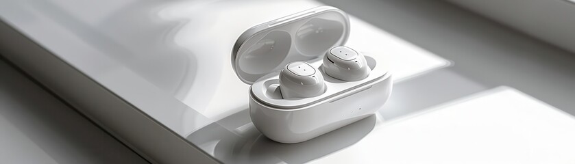 Sleek wireless earbuds with case, white background, tech accessory