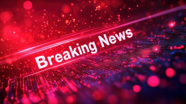 Breaking news banner flying over a digital stream of data