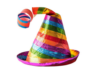 A colorful, striped party hat with a curled ribbon on top.