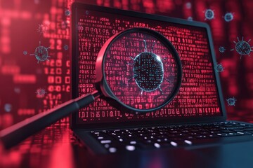 Magnifying glass analyzing computer virus through laptop screen with red binary code