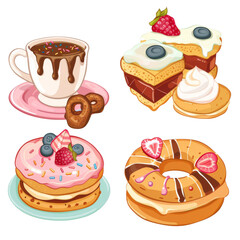 A colorful illustration of assorted sweet treats, including a cup of hot chocolate, cake, and donuts.
