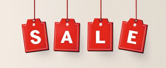 Four red hanging wobbly sale tags with strings on light grey background