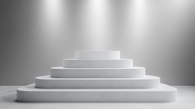 Empty round white pedestal consisting of five steps getting smaller