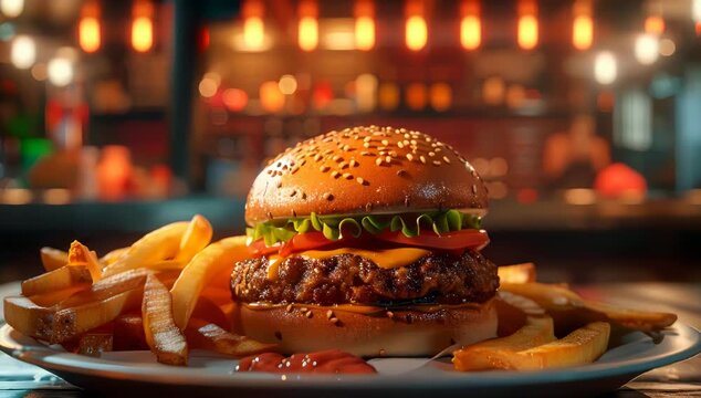Zoom to a mouthwatering cheeseburger with lettuce, tomato, and a juicy beef patty in a sesame seed bun, served with golden, crispy fries on a plate in a cozy, warmly-lit restaurant.
