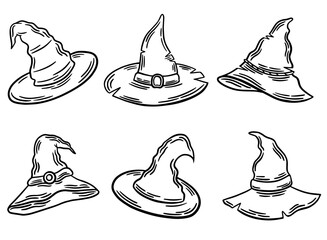Witch hats on Halloween line drawing vector set of illustrations. Wizard Halloween hat clipart