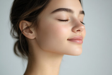 A close up of a girl's face with her eyes closed