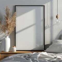 An empty digital frame sits on a modern nightstand, surrounded by a lamp and a stack of books.