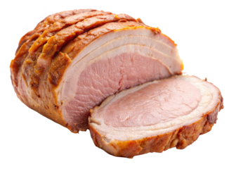 Roast pork loin slices close up, highlighting the tender and juicy texture. Perfect for culinary and food content. Isolated on transparent background, png.