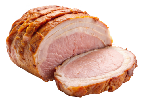 Roast pork loin slices close up, highlighting the tender and juicy texture. Perfect for culinary and food content. Isolated on transparent background, png.