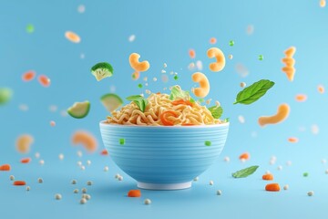 3D Cartoon-Style Ramen Bowl with Noodles and Vegetables Flying in the Air On a Blue Background