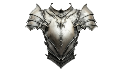 A detailed illustration of a silver plated chest armor with intricate designs and sharp edges.