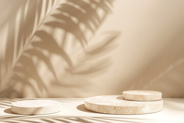 Abstract beige background with shadows of palm leaves on the wall and three round podiums for product presentation, mockup scene, minimal style. Generative AI tools