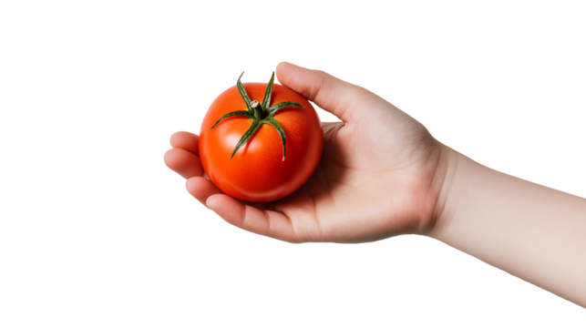 Tomato  on open hand - top view  on isolated background