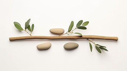 Green leaves and gray stones on white background.