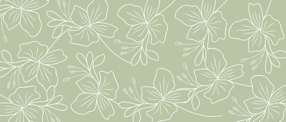 Seamless Hand-Drawn Line Art Blossom Pattern on Green Background.Vector