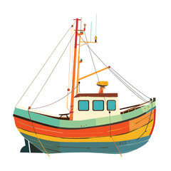 Bright colored fishing boat docked isolated white background. Small wooden vessel vibrant hues ocean lake. Barge painted red, orange, yellow, green, blue stripes, multiple ropes, masts