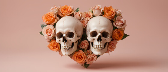 Two skulls forming a heart shape with roses. Halloween  and day of the dead card 