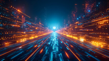 A futuristic cyber city with neon light data streams racing towards a distant point, creating a dynamic and high-tech visual effect