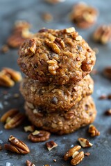 Obraz premium Closeup of Stacked Pecan Cookies with Scattered Pecan Pieces.