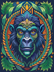 Fototapeta premium Colorful Abstract Portrait of a Monkey Surrounded by Tropical Foliage