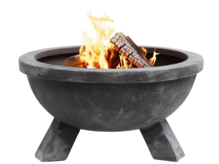 A gray fire pit with a roaring fire inside.  Perfect for outdoor gatherings.