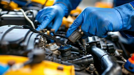 Experienced auto technician examining timing belt for damage in professional environment