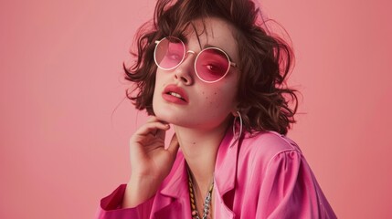 Fototapeta premium Close-up portrait of young woman in glasses looking at camera on light colored backgrounds