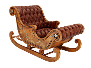 A luxurious, ornate sleigh with brown leather upholstery and intricate wood carvings. Ideal for festive or winter-themed designs.