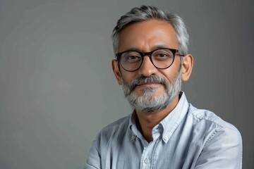 Fototapeta premium Mature Indian Man in Spectacles: Indoor Portrait with Beard and Confident Expression generative ai