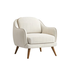 Naklejka premium A modern, white armchair with wooden legs, isolated on a white background. The chair has a soft, rounded back and seat.