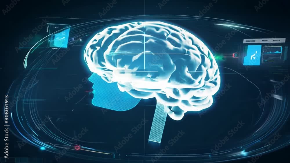 Poster brain motion hologram displaying data visualization and analysis generative ai