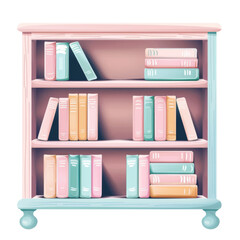 A pastel pink bookshelf filled with colorful books.