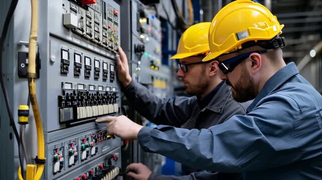 Two Electrical Engineer working discussion front control panel in service room.