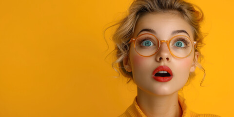 Fototapeta premium A surprised girl with glasses against a vibrant orange background, capturing an expressive and quirky moment